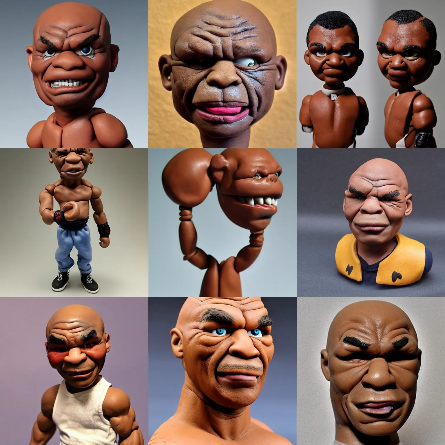 Prompt: real mike tyson!! clay! close detailed sculpted head , style: claymation puppet boxer kids clay , by guldies