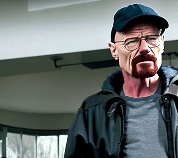 Prompt: Walter White wearing a black puffer jacket and a baseball cap, movie still, realistic