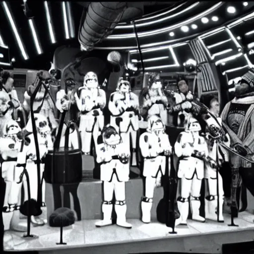 Prompt: the mos eisley cantina band on the ed sullivan show, 1 9 6 2