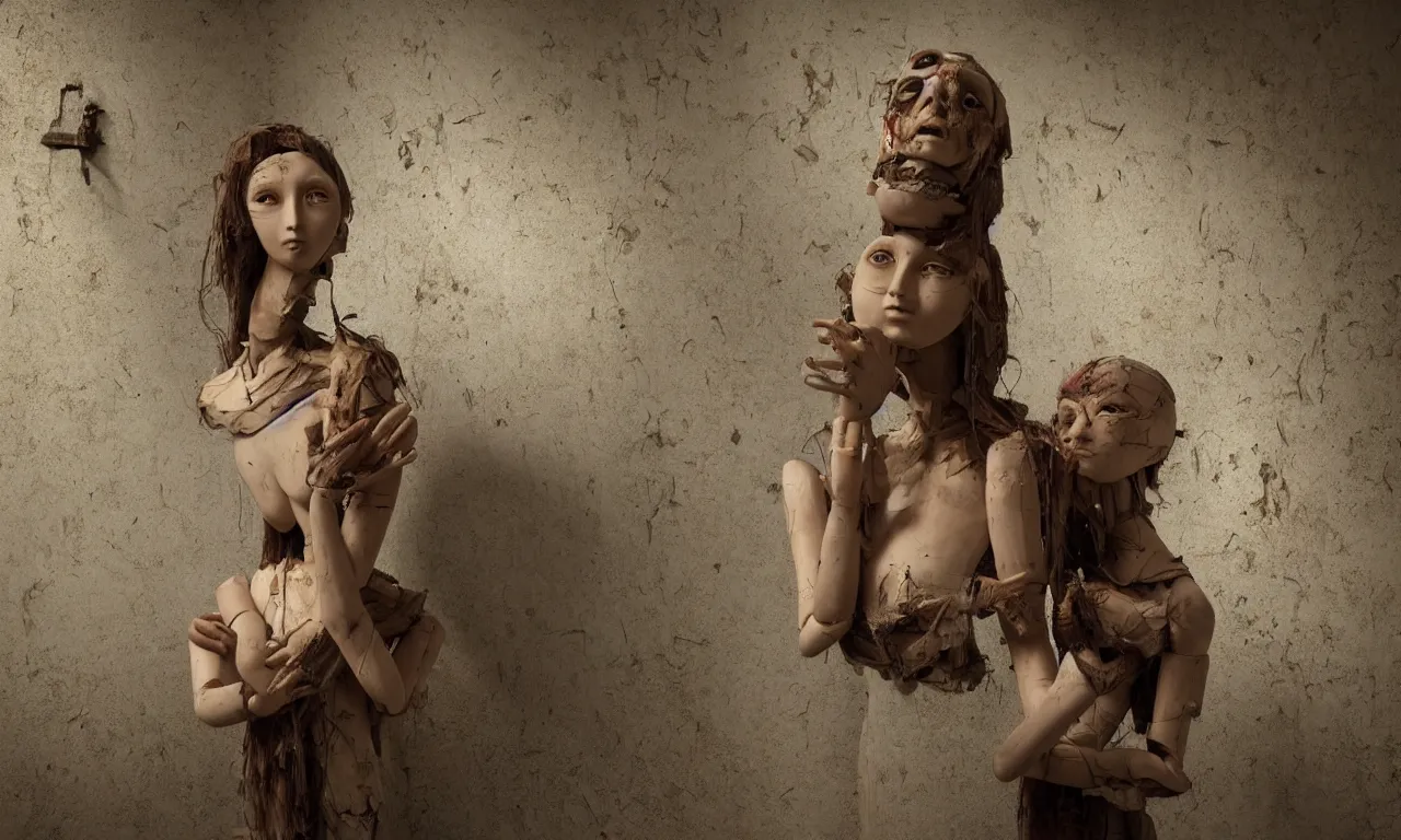 Image similar to a cinematic portrait of a beautiful female jointed wooden doll, holding each other, abandoned, left inside a room in a derelict house, old peeling wallpaper, broken toys are scattered around, rubbish, decay, sadness, by James C. Christensen, by Tomasz Alen Kopera, by Raphael, by Caravaggio, 8K, rendered in Octane, cinematic, 3D, volumetric lighting, highly detailed, photorealistic, hyperrealism