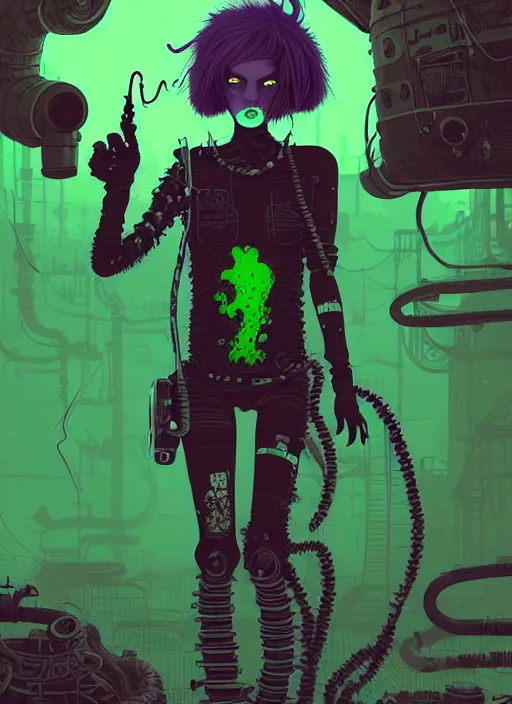 Image similar to highly detailed portrait of an moody wasteland punk long dripping green poison hair tribal lady, stray wiring by atey ghailan, james gilleard, by joe fenton, by greg rutkowski, by greg tocchini, by kaethe butcher, 4 k resolution, gradient purple, brown black and white color scheme!!! ( ( green flaming robotic sewer background ) )