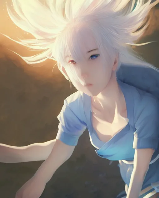 Image similar to a pale korean girl with white hair wearing a blue outfit with blades hovering around her, full shot, perfectly shaded body, atmospheric lighting, detailed face, by makoto shinkai, stanley artgerm lau, wlop, rossdraws