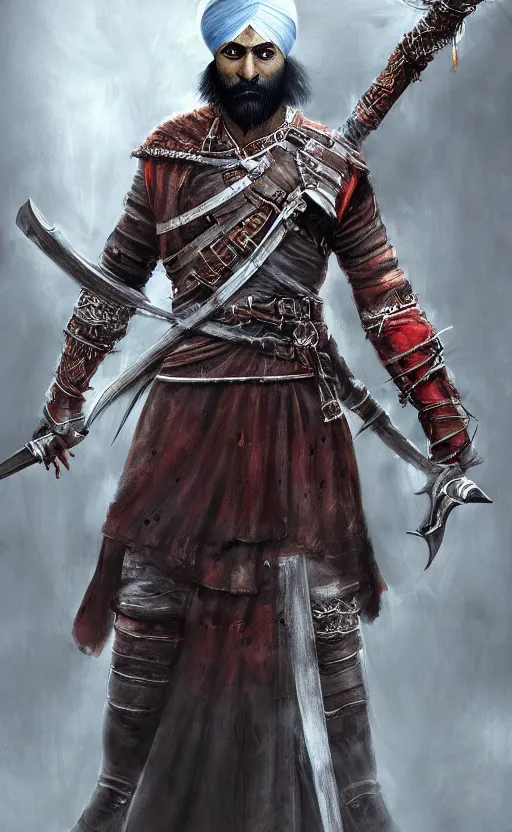 Prompt: a portrait of indian sikh warrior with double sword, bloodborne concept art, highly detailed, cinematic lighting