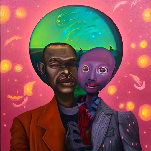 Prompt: surreal oil painting of 🧑🏾‍🚀🪐🪬🧝🏾‍♀️