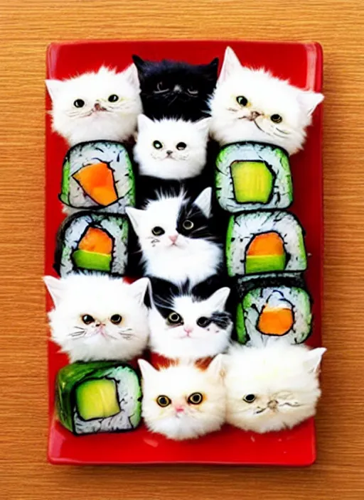 Image similar to clear photorealistic picture of adorable cats made out of sushi