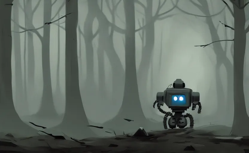 Prompt: depressed weaponized robot, forest, alone, gritty, artstation, ww 3