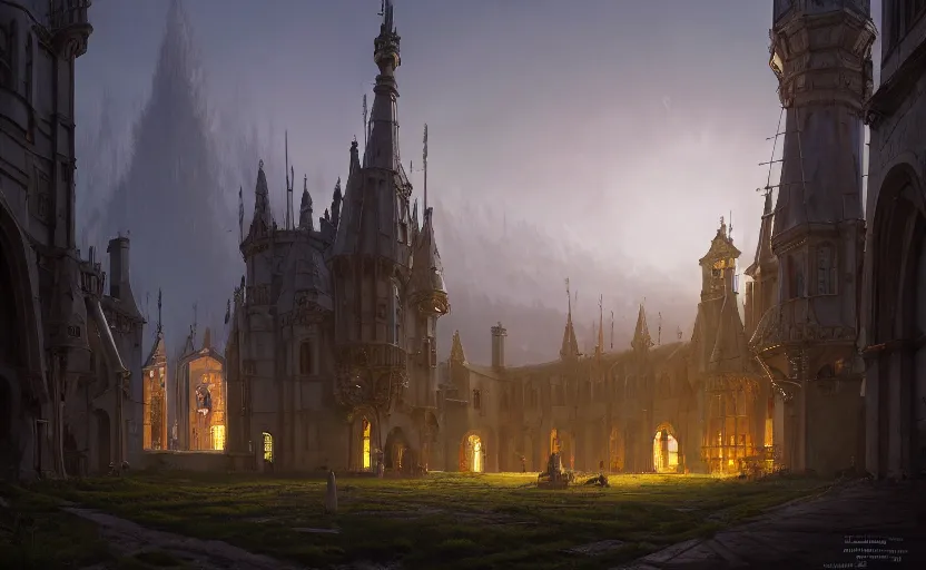 Prompt: exterior shot of utopian medieval stronghold architecture with cinematic lighting by zaha hadid peter zumthor and renzo piano and, darek zabrocki and greg ruthkowski, simon stalenhag, cinematic, holy place, paradise, scifi, futurism, atmospheric, concept art, artstation, trending on artstation