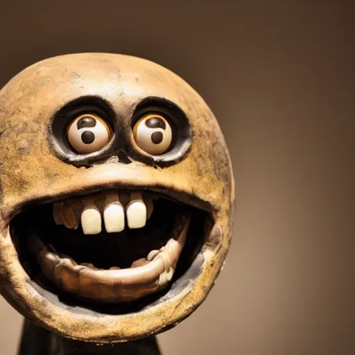 Image similar to a taxidermized smiling horror of the abyss, in a museum, on a pedestal, 8 5 mm lens, 7 0 mm entrance pupil diameter, close - up photograph, high detail, 4 k, soft focus, depth of field