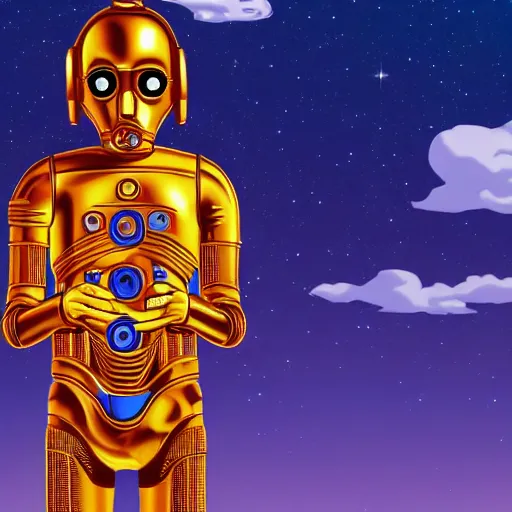 Image similar to entire body portrait of Simpson as C3PO in star wars, background blue sky puffy clouds cinematic 4k