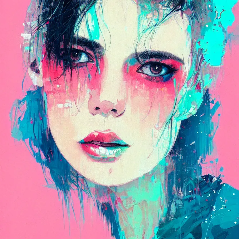 Image similar to close up portrait painting of a female in nineties street styling, concept art, intricate details, aesthetically pleasing pastel colors, art by conrad roset, impressionism, portrait