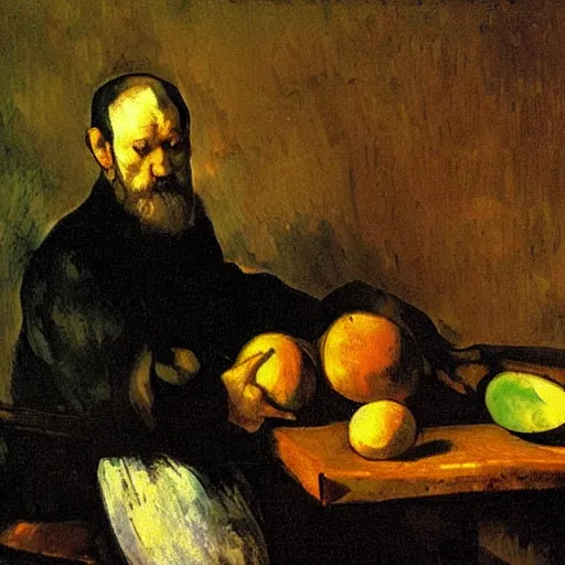 Prompt: classical panting of avocado on dark wooden table rembrandt cezanne velazquez baroque painting
