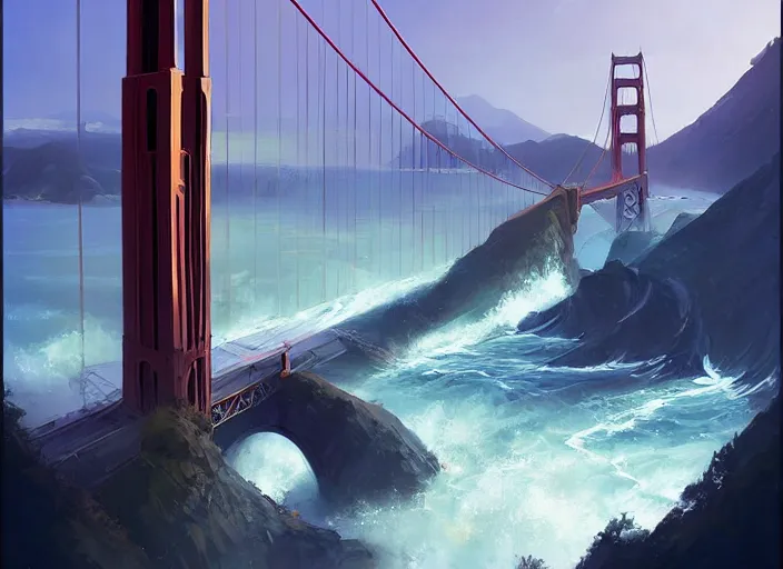 Image similar to san francisco golden gate scenery, unreal engine fantasy art by greg, loish, rhads, ferdinand, knab tom bagshaw, makoto shinkai