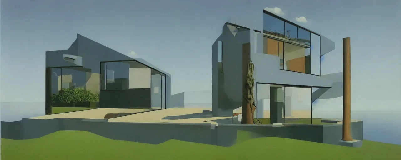 Prompt: contemporary house with pool in the front, full height windows, concept art, surrealist, rene magritte