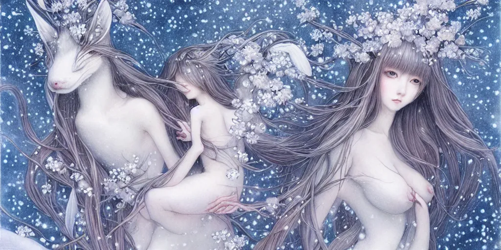 Image similar to breathtaking delicate detailed concept art winter creatures, by miho hirano, bizarre compositions, exquisite detail, pastel colors, 8 k