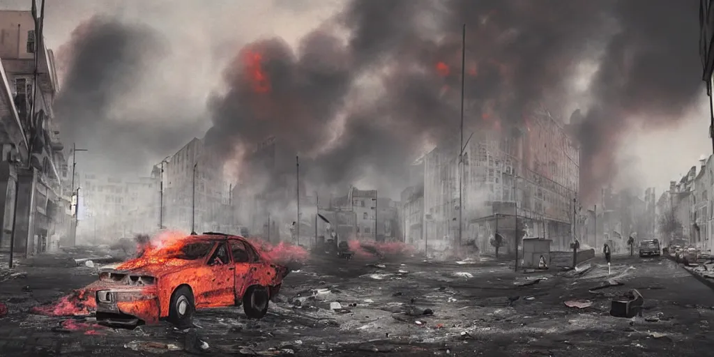 Image similar to post - apocalyptic kreuzberg streets covered in colorful smoke, burned cars, explosions, hyperrealistic, gritty, damaged, dark, urban photography, photorealistic, high details