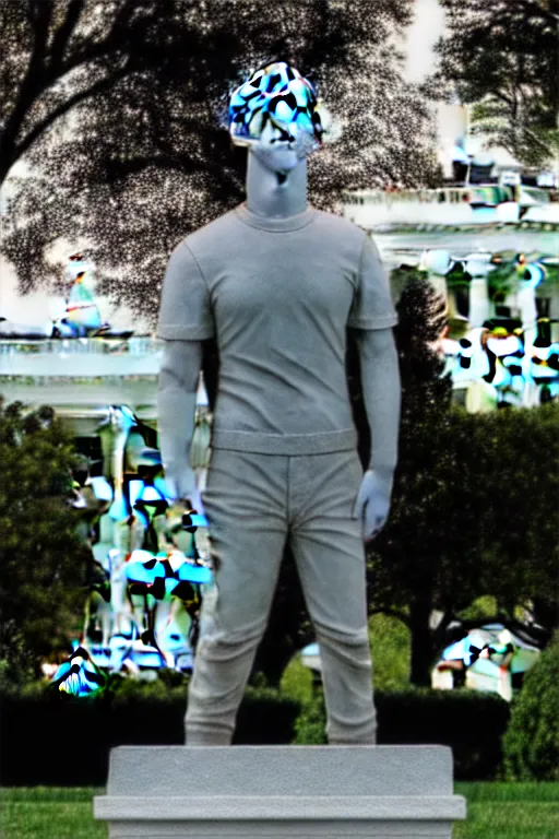 Image similar to A beautiful stone statue of Mark Zuckerberg in front of the White House, photo by Steve McCurry, heroic pose, detailed, smooth, smiling