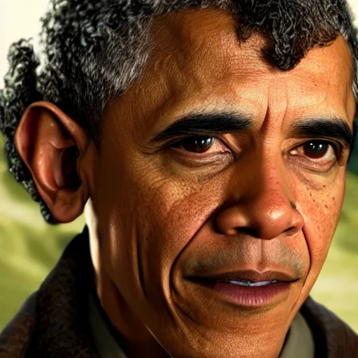 Prompt: barrack obama as bilbo baggins in the shire in the lord of the rings, ultra realistic, cinematic lighting, 3 d