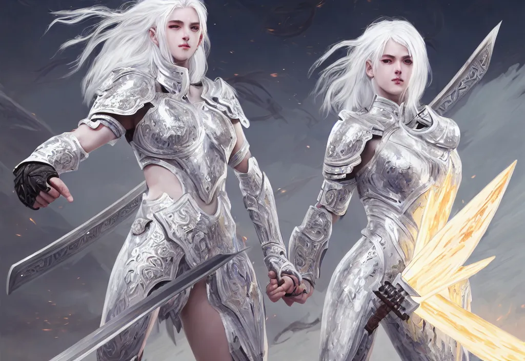 Image similar to white hair knights of zodiac girl matt white ice color armor, dueling, kickboxing, battle stance, wielding sci - fi melee weapons in ruined agora of athens sunrise, intricate and elegant, highly detailed, digital painting, artstation, concept art, smooth and sharp focus, illustration, art by tian zi and wlop and alphonse mucha