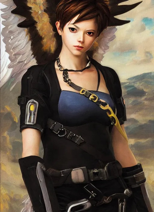 Image similar to oil painting of tracer overwatch in the style of sophie anderson, on knees, angel wings, black outfit, dramatic painting, wearing black choker,