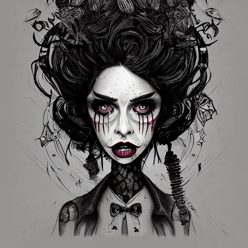 Image similar to a rotten smug exclusivists female, black ink line art and watercolor, intricate, digital painting, concept art, smooth, focus, rim light style tim burton