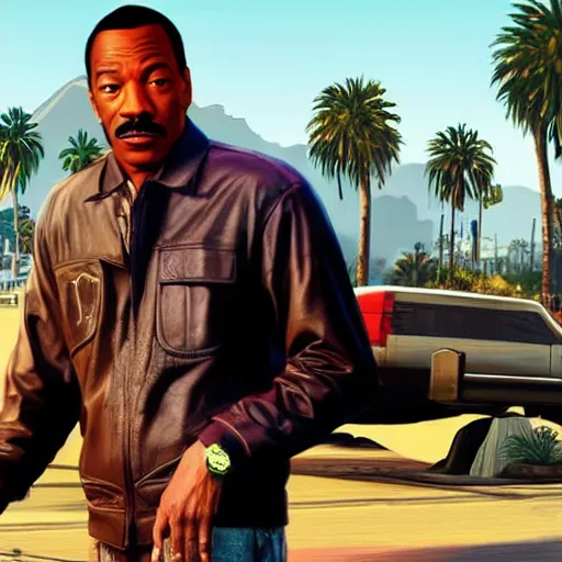 Image similar to Eddie Murphy in GTA V. Los Santos in the background, palm trees. In the art style of Stephen Bliss