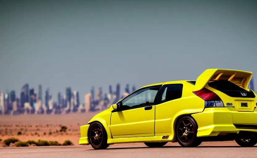 Image similar to photograph of a cell-shaded yellow Honda Civic EK9 Type-R, on a desert road with a futuristic city in the horizon, kicking up dirt, sigma 85mm f/1.4, 4k, depth of field, high resolution, 4k, 8k, hd, full color