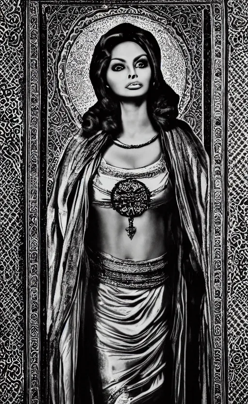 Prompt: a picture of sofia loren standing up in hagha santa sofia in the style of ( ( ( a byzantine icon ) ) ). black and white, award winning photography, 5 0 mm, studio lighting, highly intricate