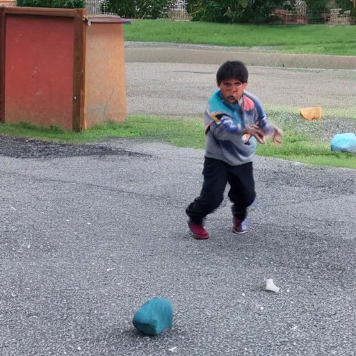 Image similar to angry guy throwing rocks at children