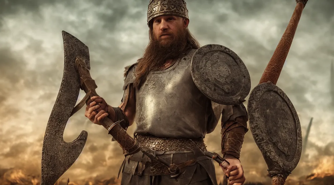 Image similar to Viking warrior background Canon, 100mm, octane render, photorealistic, sword and axe, detailed, cinematic, 8k no blur, volumetric lightning