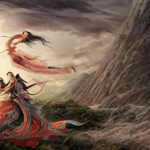 Image similar to dynamic composition, motion, ultra-detailed, incredibly detailed, a lot of details, amazing fine details and brush strokes, colorful and grayish palette, smooth, HD semirealistic anime CG concept art digital painting, watercolor oil painting of meadow and sunrise, from Three Kingdoms, by a Chinese artist at ArtStation, by Huang Guangjian, Fenghua Zhong, Ruan Jia, Xin Jin and Wei Chang. Realistic artwork of a Chinese videogame, gradients, gentle an harmonic grayish colors.