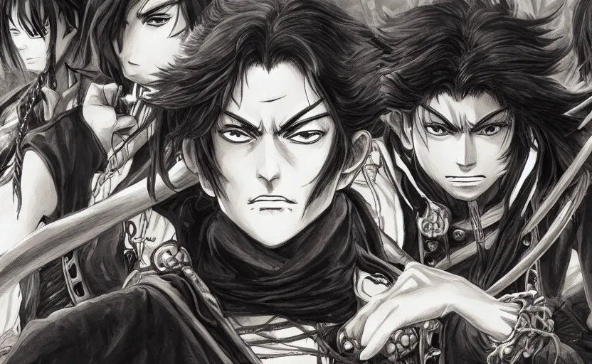 Prompt: a pirate captain commands her crew, digital painting, 4k anime wallpaper, beautiful, gorgeous, intricate and detailed brush strokes, masterpiece, detailed faces, by Tite Kubo and Kentaro Miura