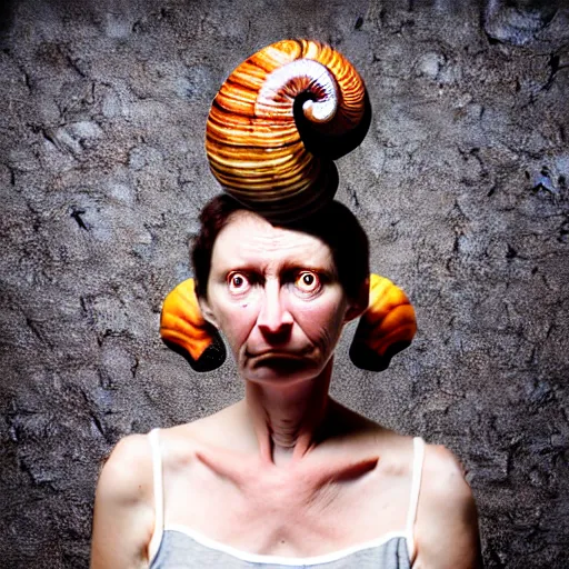 Image similar to modern full body color studio photograph of real snail woman, woman made out of snail