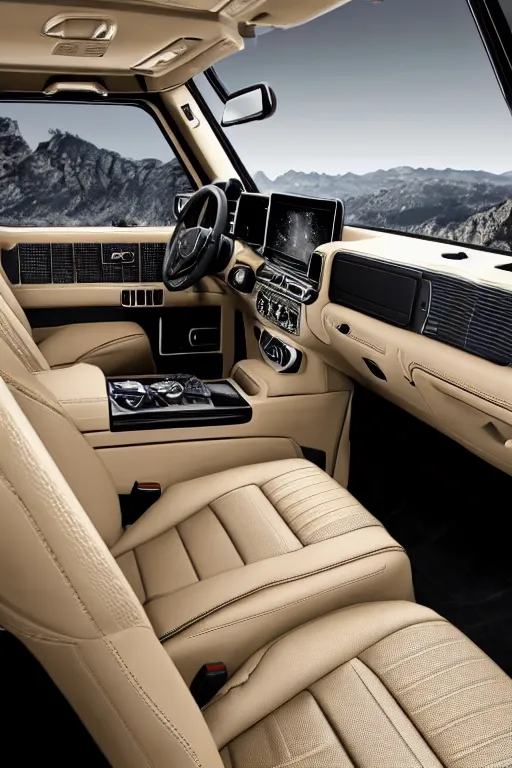 Image similar to Interior photo of a 2018 Mercedes-Benz G63, beige leather, highly detailed, natural light.