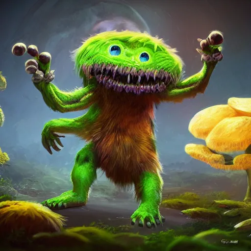 Prompt: cute furry anthropormorphic unusual alien flower monster with big eyes and leafy arms and legs character concept detailed painting 4 k