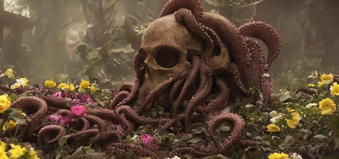 Prompt: an octopus in the shape of a skull surrounded by flowers at midnight, ( foggy! ), cinematic shot, photo still from movie by denis villeneuve, wayne barlowe