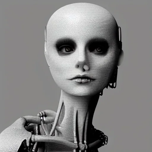 Image similar to black and white dreamy foggy smoky profile face portrait, single skeletal biomechanical beautiful young female cyclops - cyborg - robot bust, body ribs meshes,, volumetric light, rim light, by dora maar and cecile beaton, big gothic fashion pearl embroidered collar, 8 k