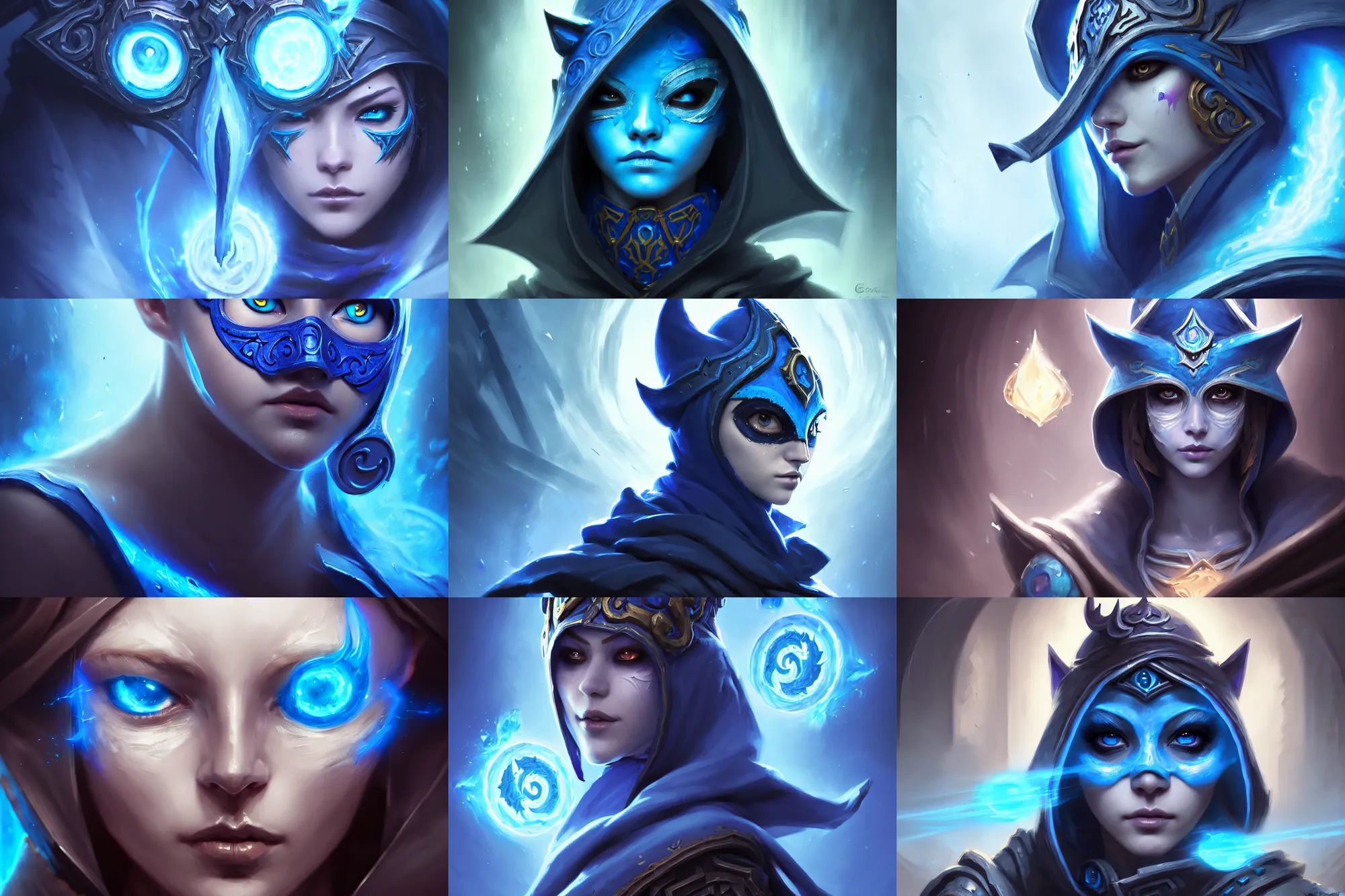 Prompt: masked face and eyes, amazing masterclass symmetrical portrait of a female blue mage, hearthstone splash art, deiv calviz, splash art, natural light, elegant, intricate, fantasy, atmospheric lighting, by greg rutkowski, hearthstone splash art, hd wallpaper, ultra high details, cinematic composition, professional unique master piece, anatomically proportional & perfect