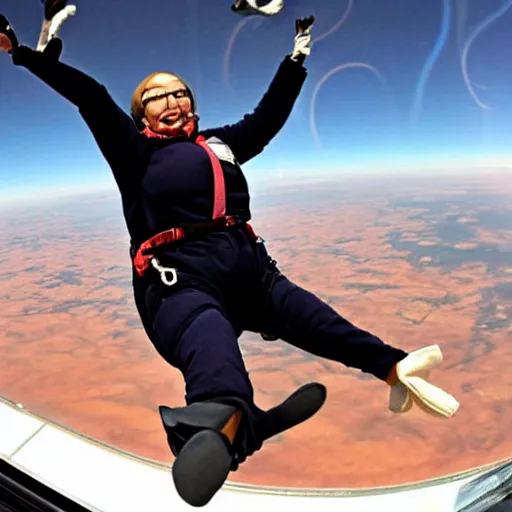 Image similar to lidia bastianich skydiving while eating a burrito