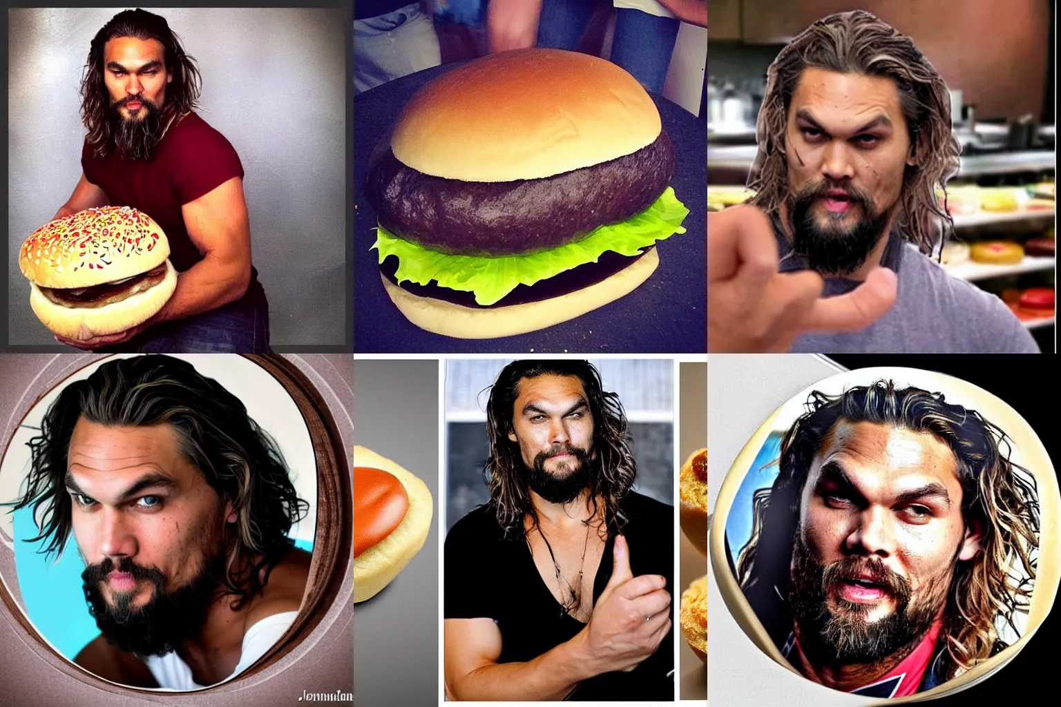 Prompt: jereme momoa inside of a hamburger bun.