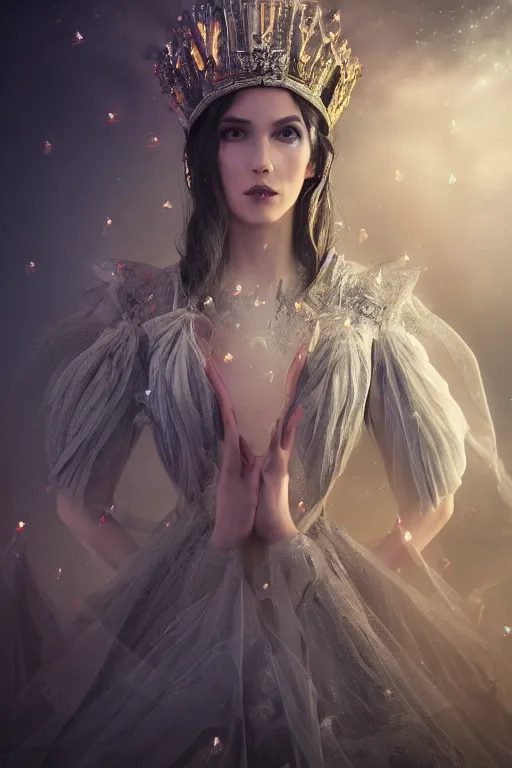 Prompt: Atmospheric detailed photography of a beautiful magician , wearing crystal fractal tiara, Symmetrical composition, fantasy long intricate gown, sharp focus, octane render, high quality, 8k, volumetric lighting, color grading, by Tom Bagshaw and James Jean and Artgerm