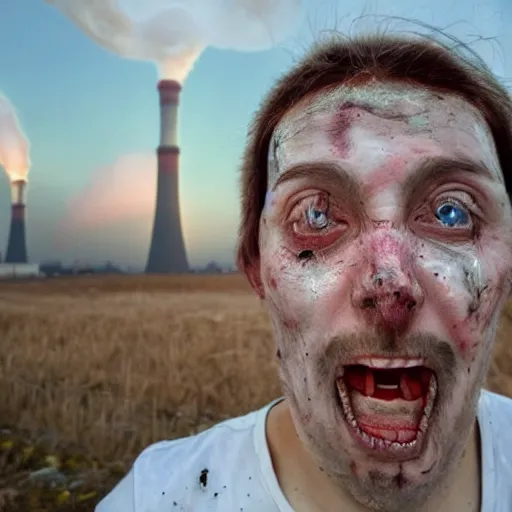 Prompt: a ukrainian whose eyes pop out and skin with bones leak out against the backdrop of an explosion of a nuclear power plant with a wild selfie facial expression