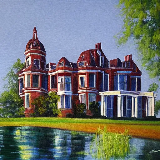 Image similar to a beautiful painting of a mansion in the serene landscape by Adam Paquette