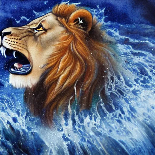 Image similar to a male lion's face breaching through a wall of water, water sprites, splashing, deep blue water color, highly detailed