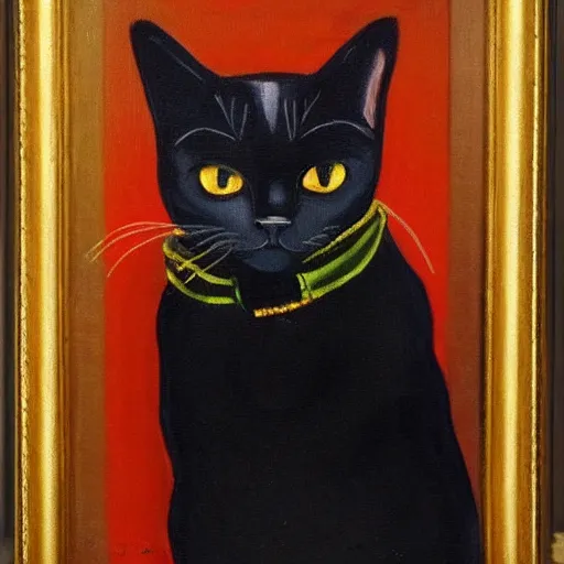 Prompt: portrait of a wise black cat scholar in a retro suit, beautiful oil painting