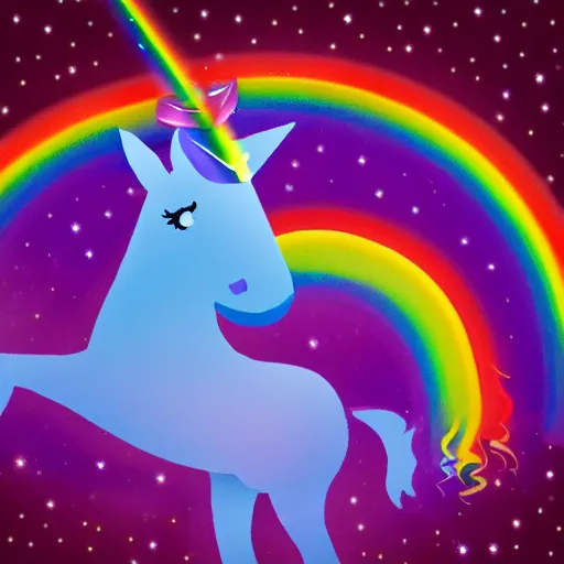 Image similar to an unicorn with rainbow ponytail shooting red laser beams from eyes flying on the background of the sky