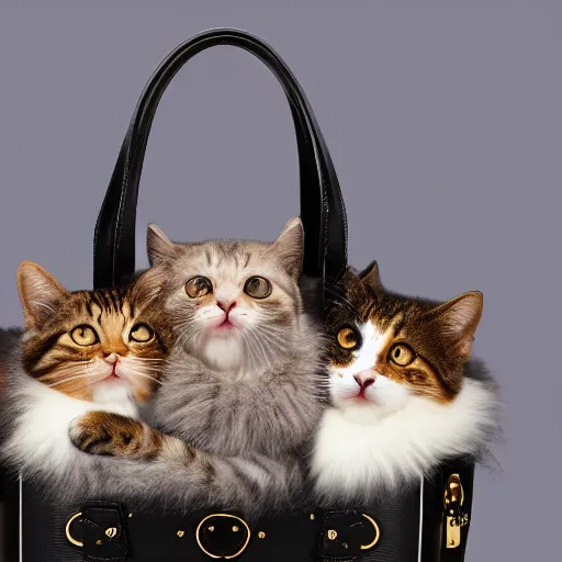 Prompt: a highly detailed photo of multiple furry cats, they are inside a big louis vuitton bag's, gray background, studio lighting, 4 k, 8 k