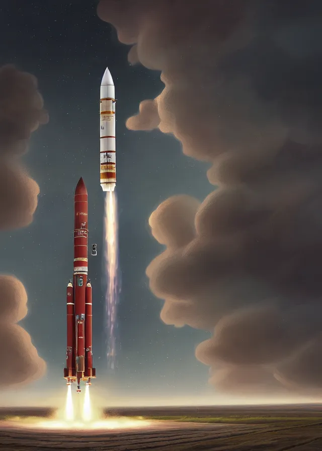 Image similar to epic professional digital art of complex heavy vertical rocket on launch pad, at takeoff, ambient light, painted,, cinematic, detailed, grand, leesha hannigan, wayne haag, reyna rochin, ignacio fernandez rios, mark ryden, van herpen, artstation, cgsociety, epic, stunning, gorgeous, wow wow detail