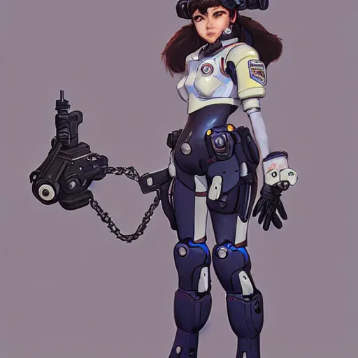 Image similar to D.VA from Overwatch wearing a police uniform by Kim Jung Gi, holding handcuffs in one hand Blizzard Concept Art Studio Ghibli. oil paint. 4k. by brom.