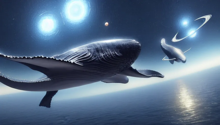 Image similar to highly detailed cinematic scifi render of flying whales over the skies of tuscany, starry night, planets, hyper detailed, digital art, trending in artstation, cinematic lighting, studio quality, smooth render, unreal engine 5 rendered, octane rendered, art style by klimt and nixeu and ian sprigger and wlop and krenz cushart, artstation unreal.