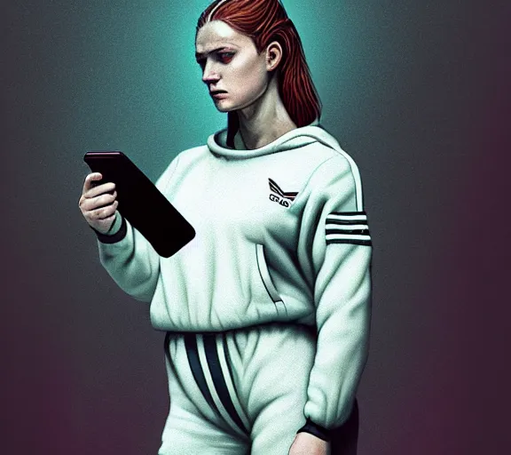 Image similar to portrait of slav heroine wearing an addidas tracksuit with a phone in hand. illuminated phone screen, by greg rutkowski and wlop, detailed, cinematic, 8 k, intricate, rule of thirds.